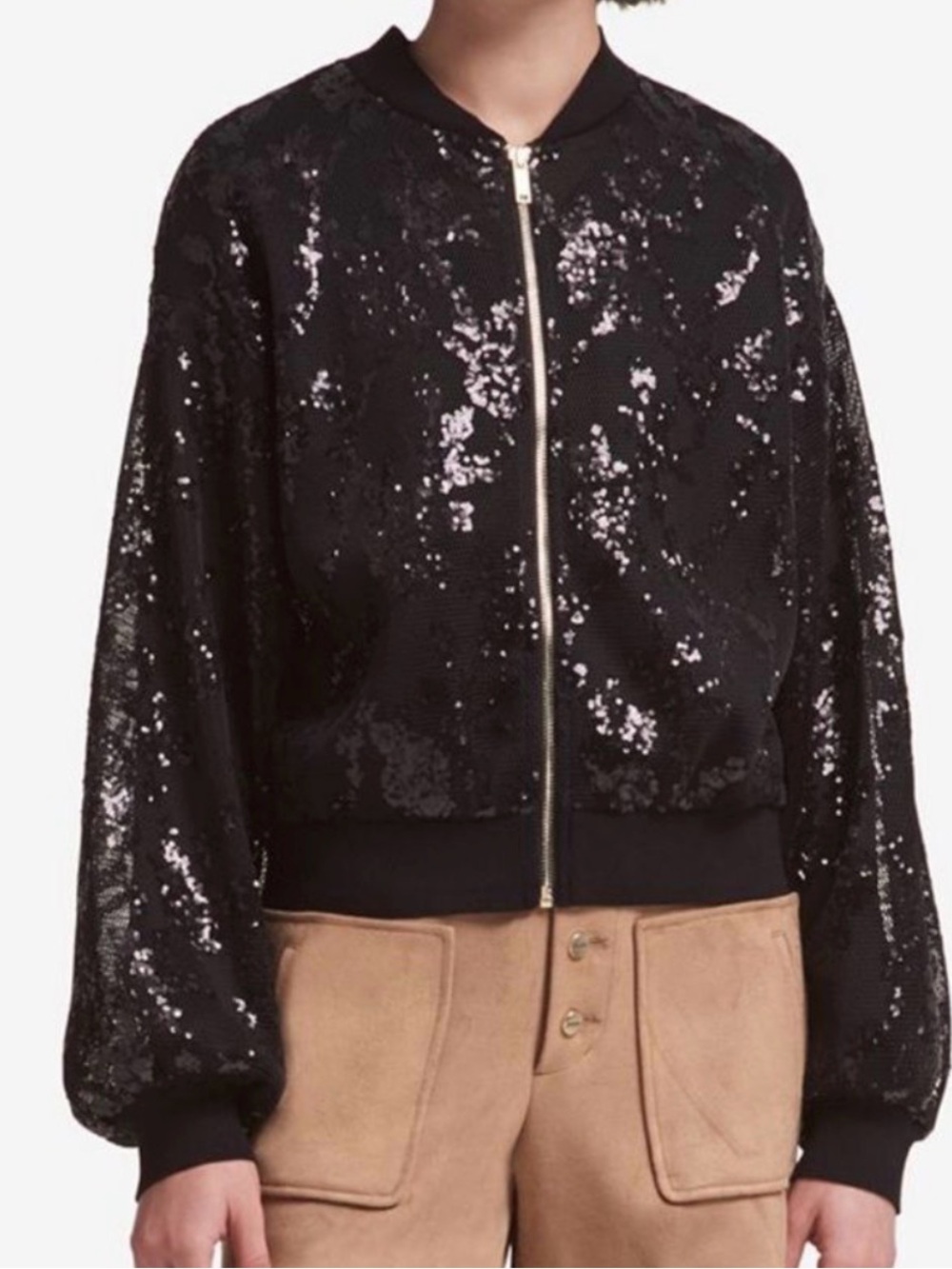 DKNY Black Sequin Zip Up Bomber Jacket Size L